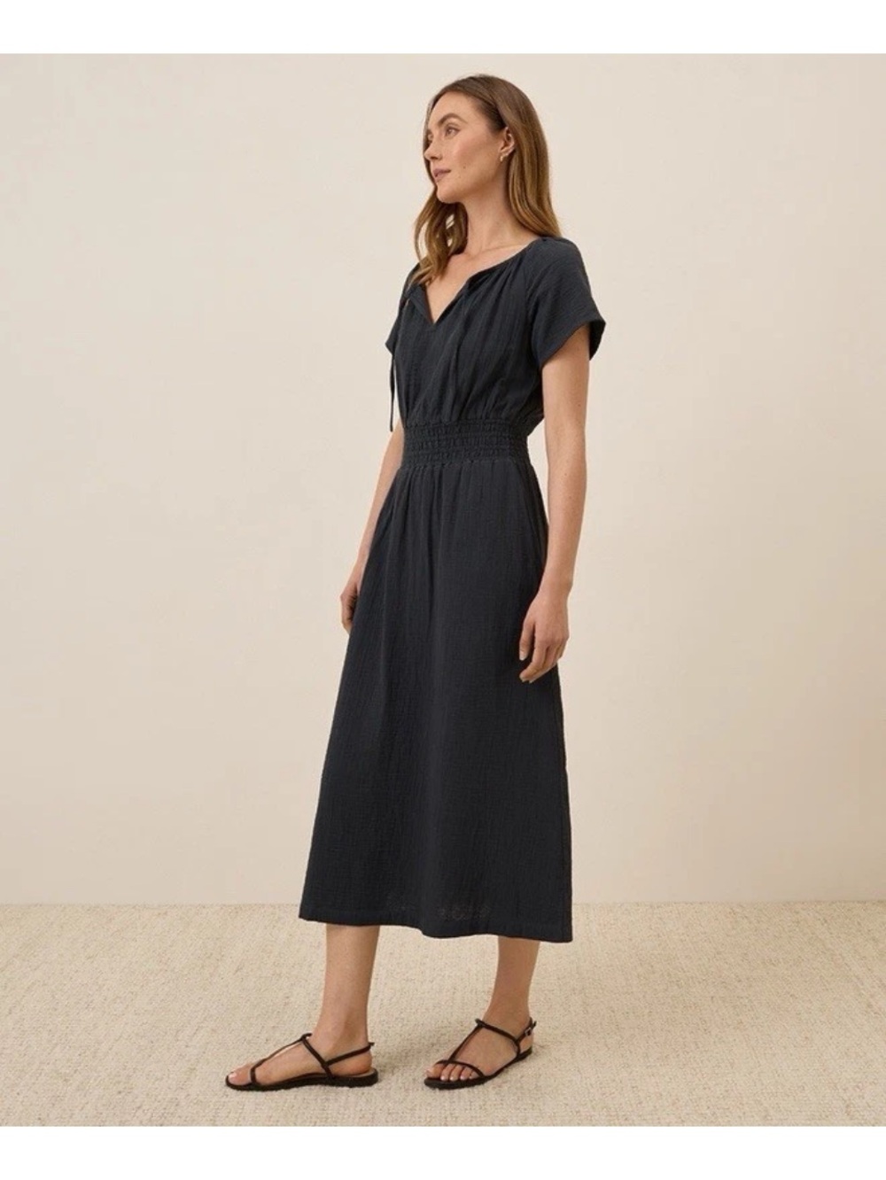 Pact coastal double gauze midi dress in soft black sz M - Picture 2 of 11
